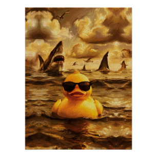 Epic Shark Attack with Brave Rubber Duck Poster
