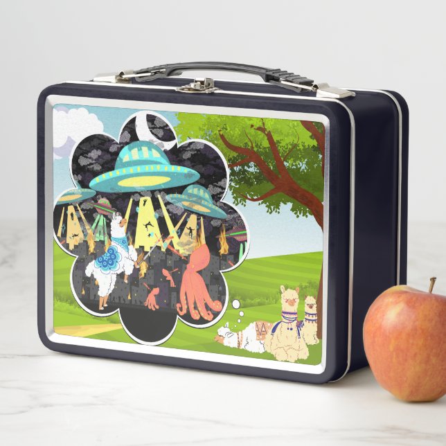 Epic Space Battle Llama vs Evil Squid Fantasy Art Metal Lunch Box (In Situ)