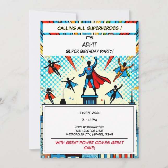 Epic Superhero Birthday Party Invitation (Front)