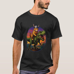 Epic Viking Cat Riding Dinosaur Quirky Cat Art T-Shirt