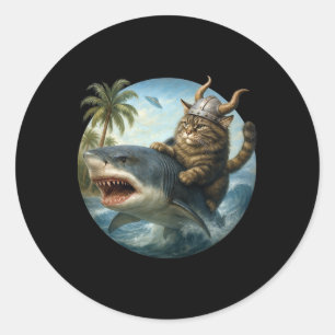 Epic Viking Cat Surfing Shark Quirky Cat Ocean Adv Classic Round Sticker