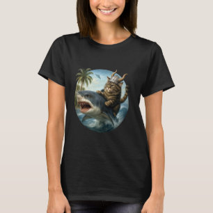 Epic Viking Cat Surfing Shark Quirky Cat Ocean Adv T-Shirt