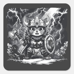 Epic Viking Cat Warrior with Axe & Shield Square Sticker