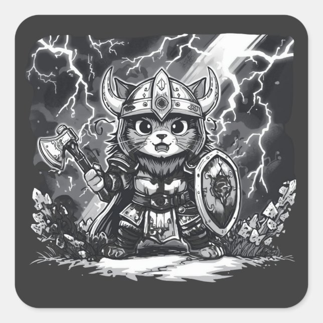 Epic Viking Cat Warrior with Axe & Shield Square Sticker (Front)