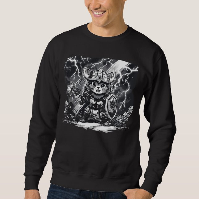 Epic Viking Cat Warrior with Axe & Shield Sweatshirt (Front)