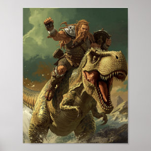 Epic Viking Warrior Riding a Roaring T-Rex Poster