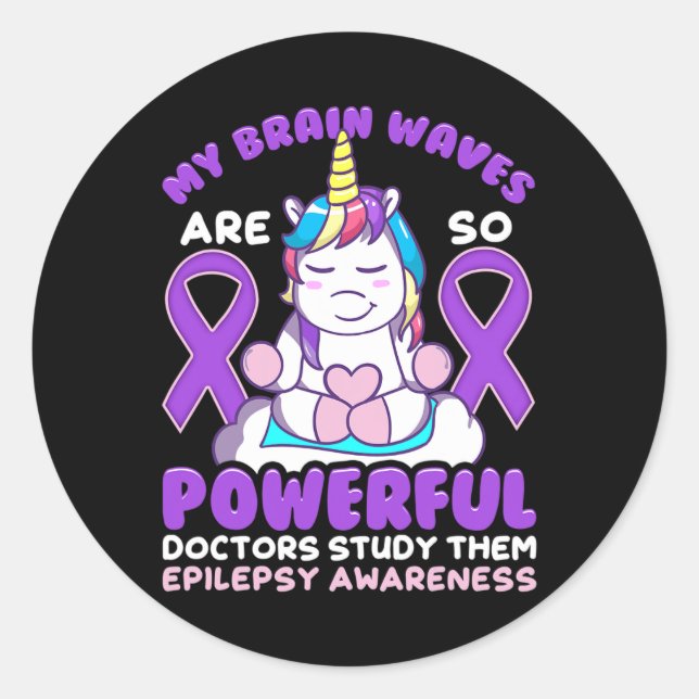 Epilepsy Awareness Cute Unicorn Purple Ribbon Funn Classic Round Sticker (Front)