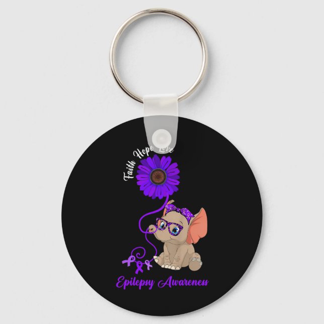 Epilepsy Awareness Elephant Faith Hope Love Sunflo Key Ring (Front)