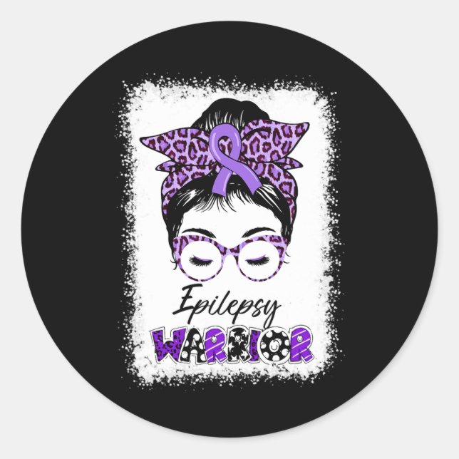 Epilepsy Awareness Messy Bun Warrior Leopard Banda Classic Round Sticker (Front)