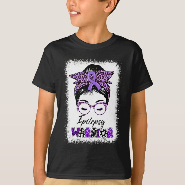 Epilepsy Awareness Messy Bun Warrior Leopard Banda T-Shirt (Front)