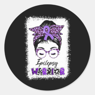 Epilepsy Awareness Messy Bun Warrior Leopard Bynda Classic Round Sticker