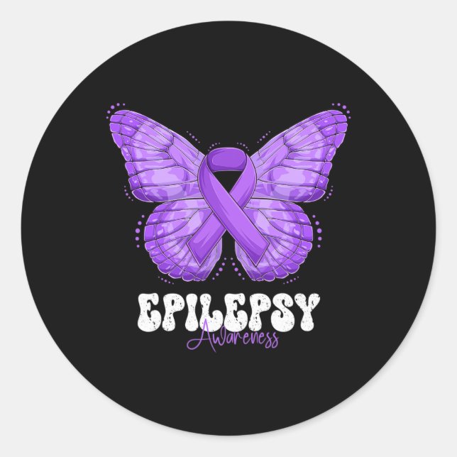 Epilepsy Awareness Month Purple Ribbon Butterfly  Classic Round Sticker (Front)