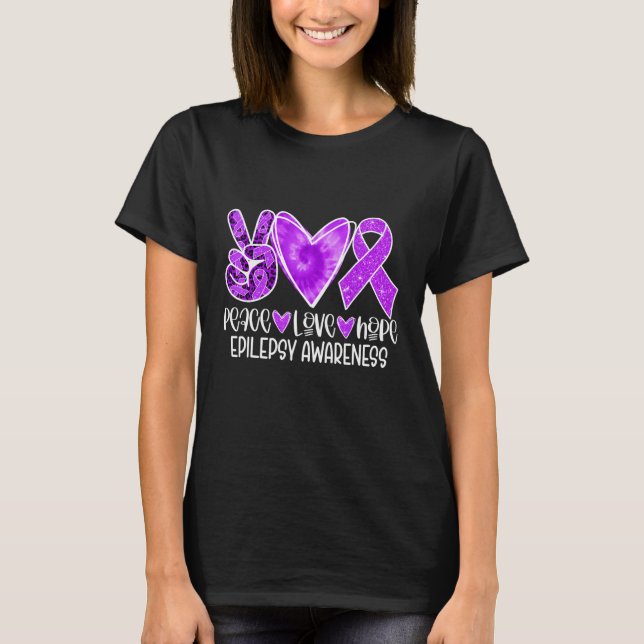 Epilepsy Awareness Month Purple Ribbon Peace Love  T-Shirt (Front)
