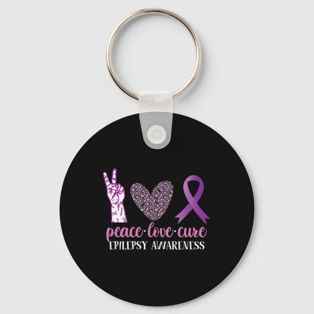 Epilepsy Awareness Ribbon Peace Love Cure  Key Ring (Front)