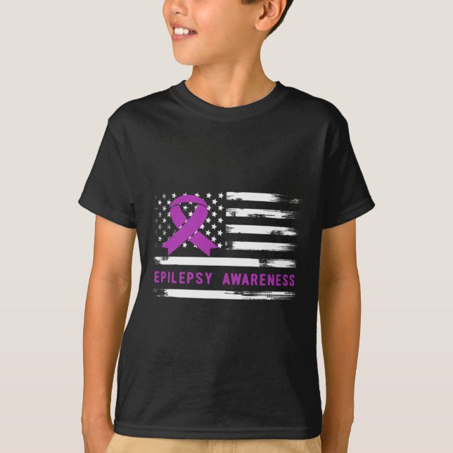Epilepsy Awarness American Flag Purple Ribbon  T-Shirt (Front)