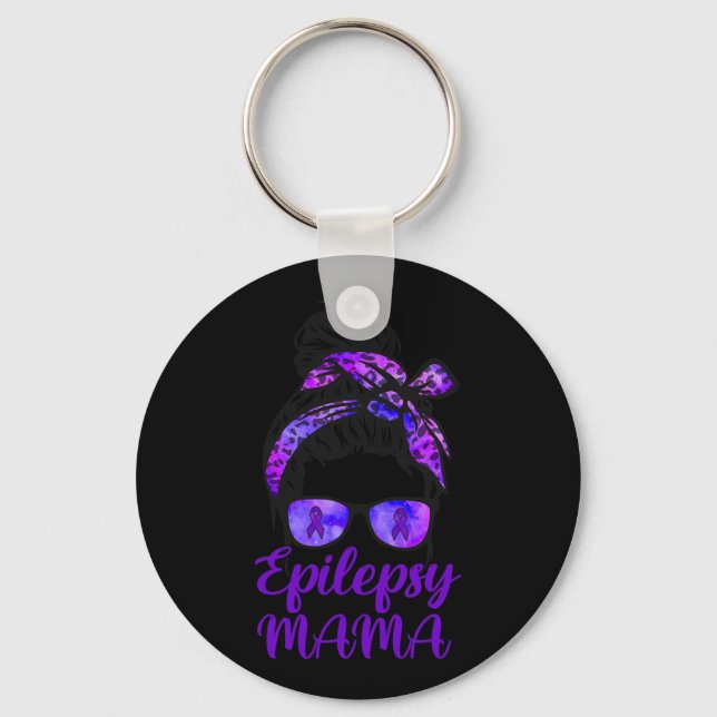 Epilepsy Mama Messy Bun Hair Glasses Bandanna Purp Key Ring (Front)