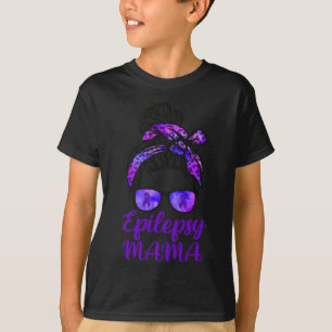 Epilepsy Mama Messy Bun Hair Glasses Bandanna Purp T-Shirt