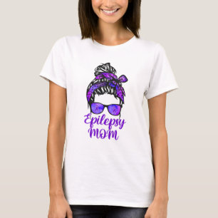 Epilepsy Mum Messy Bun Hair Glasses Bandanna Purpl T-Shirt