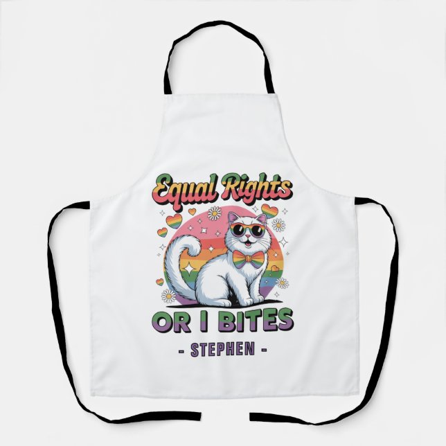 Equal Rights – Funny Cute White Cat LGBTQ Pride Apron (Front)