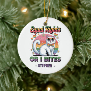 Equal Rights – Funny Cute White Cat LGBTQ Pride Ceramic Tree Decoration
