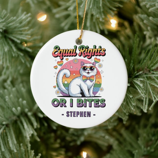 Equal Rights – Funny Cute White Cat LGBTQ Pride Ceramic Tree Decoration (Tree)
