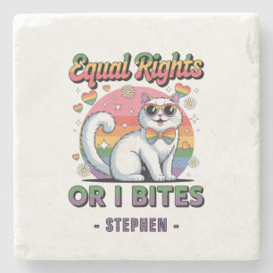 Equal Rights – Funny Cute White Cat LGBTQ Pride Stone Coaster