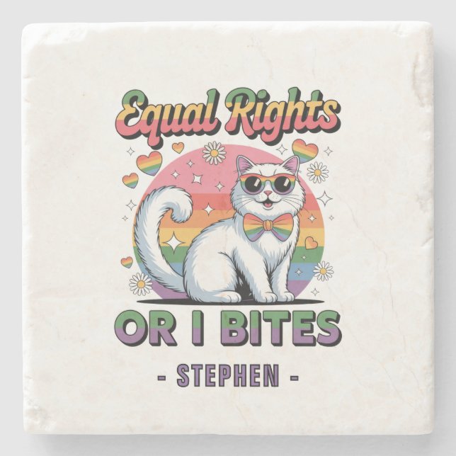 Equal Rights – Funny Cute White Cat LGBTQ Pride Stone Coaster (Front)