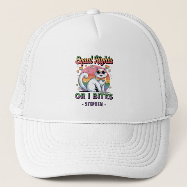 Equal Rights – Funny Cute White Cat LGBTQ Pride Trucker Hat (Front)