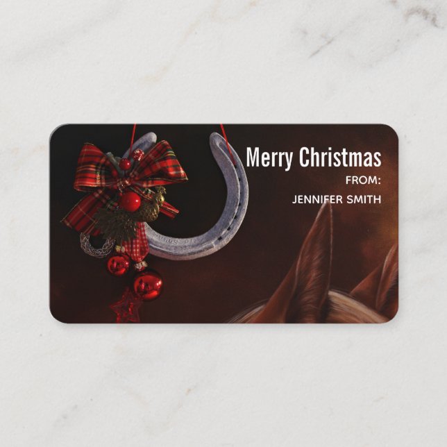 Equestrian Christmas Hanging Horseshoe Photo Business Card (Front)
