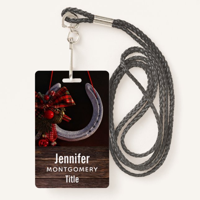 Equestrian Christmas Hanging Horseshoe Photo ID Badge (Front with Lanyard)