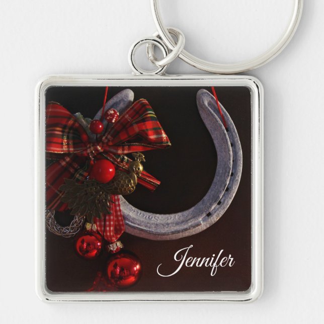 Equestrian Christmas Hanging Horseshoe Photo Key Ring (Front)
