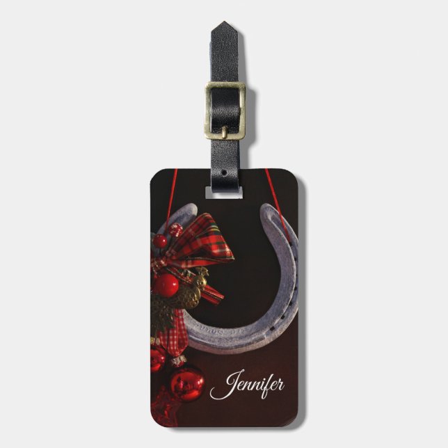 Equestrian Christmas Hanging Horseshoe Photo Luggage Tag (Front Vertical)