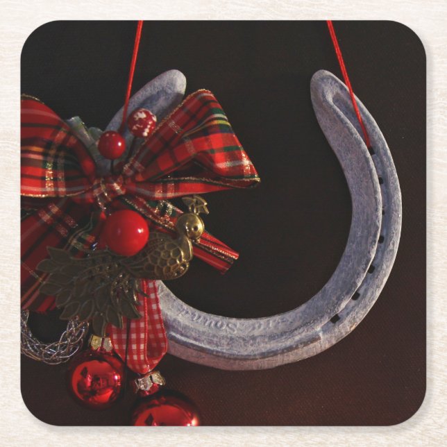 Equestrian Christmas Hanging Horseshoe Photo Square Paper Coaster (Front)