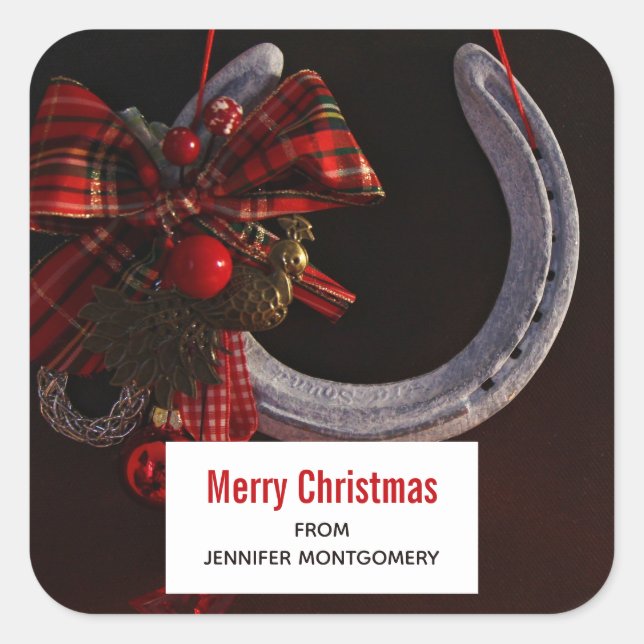 Equestrian Christmas Hanging Horseshoe Photo Square Sticker (Front)