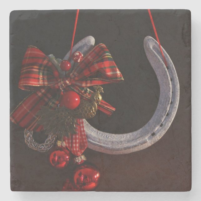 Equestrian Christmas Hanging Horseshoe Photo Stone Coaster (Front)