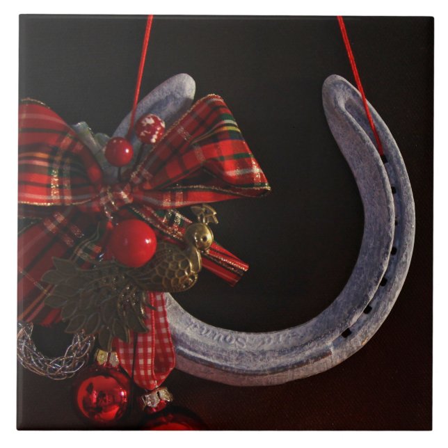 Equestrian Christmas Hanging Horseshoe Photo Tile (Front)