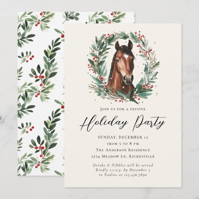 Equestrian Horse Christmas Wreath Holiday Party Invitation (Front/Back)