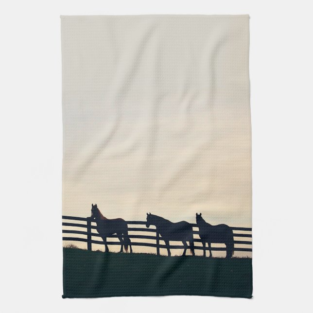 Equestrian Horses at the Pasture Fence Tea Towel (Vertical)