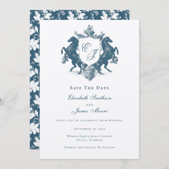 Equestrian Monogram Horses Crest Teal Blue Wedding Save The Date (Front/Back)