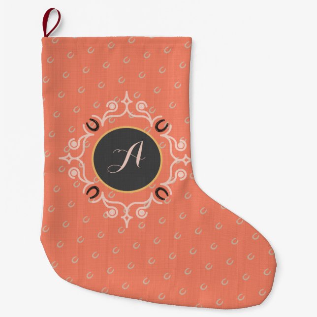 Equestrian Monogram Lucky Horseshoe Pattern Large Christmas Stocking (Front)
