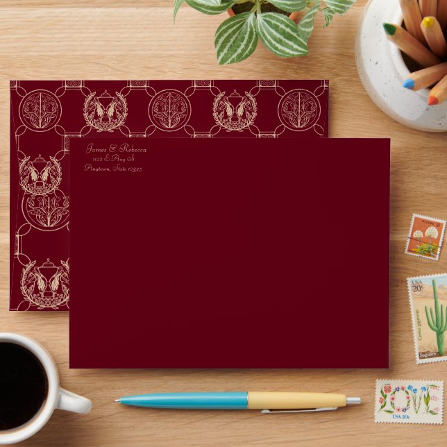 Equestrian Pattern Envelope in Burgundy & Nude  (Desk)