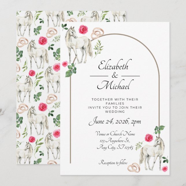 Equestrian Pink Floral Rustic Wedding Invitation (Front/Back)