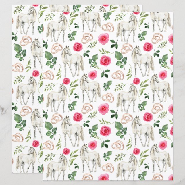 Equestrian Pink Floral Wedding Scrapbook Paper (Front/Back)