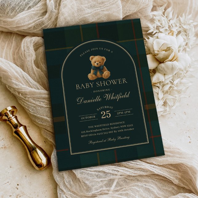 Equestrian Polo Plaid Teddy Bear Baby Shower Invitation (Creator Uploaded)