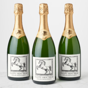 Equestrian Vintage Horse Happy New Year Custom Sparkling Wine Label