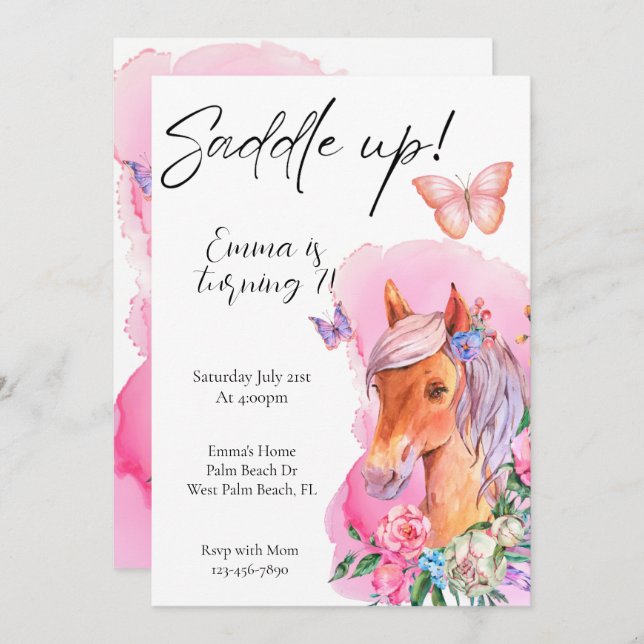 Equestrian Watercolor Horse Minimal Floral Invitation (Front/Back)