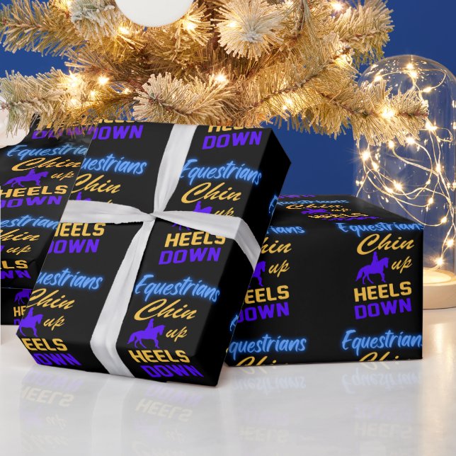 Equestrians Chin Up Heels Down in Blue Yellow      Wrapping Paper (Holidays)