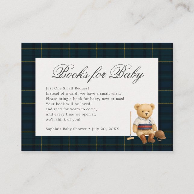 Equestry Sport Bear Baby Shower Books For  Enclosure Card (Front)