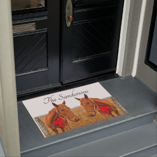 Equine Christmas, Brown Horse with red bow  Doorma Doormat