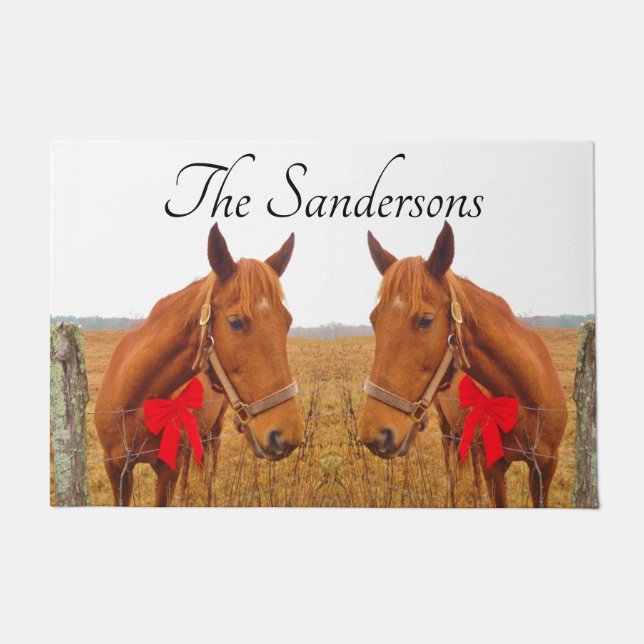 Equine Christmas, Brown Horse with red bow  Doorma Doormat (Front)